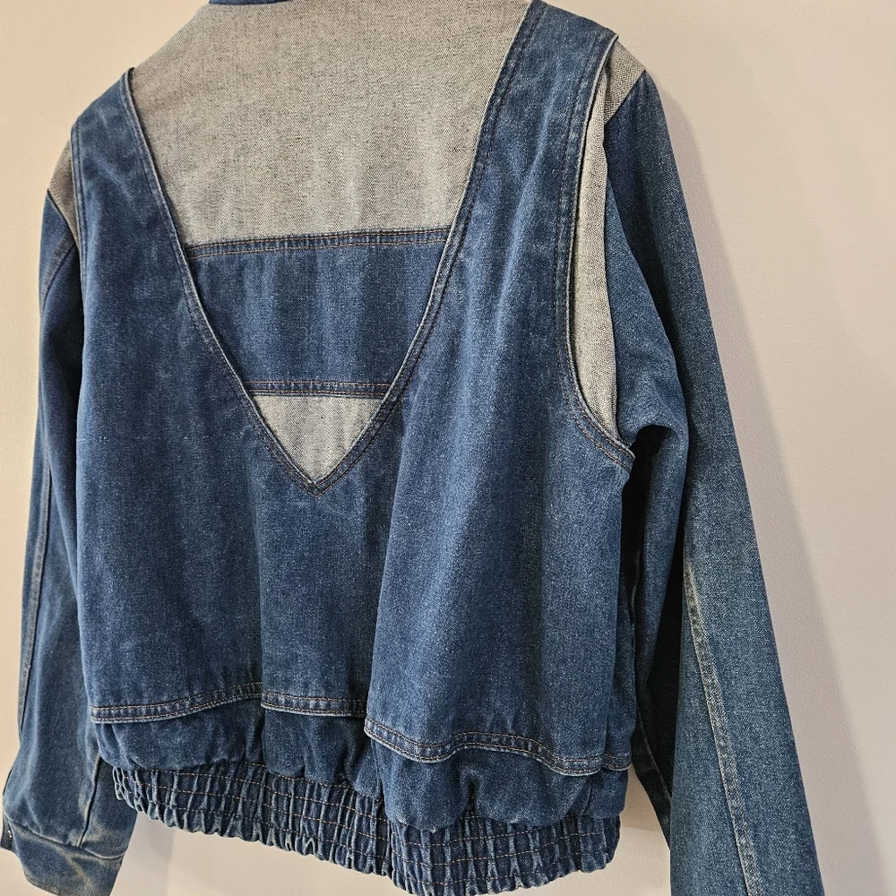 Vintage 80's 90's Denim Patchwork Distressed Bomber Jacket Large - Picture 4 of 11